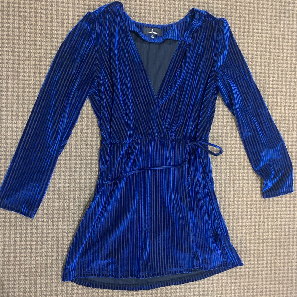 Blue and Black Lulus Velvet Mini Faux-Wrap Dress